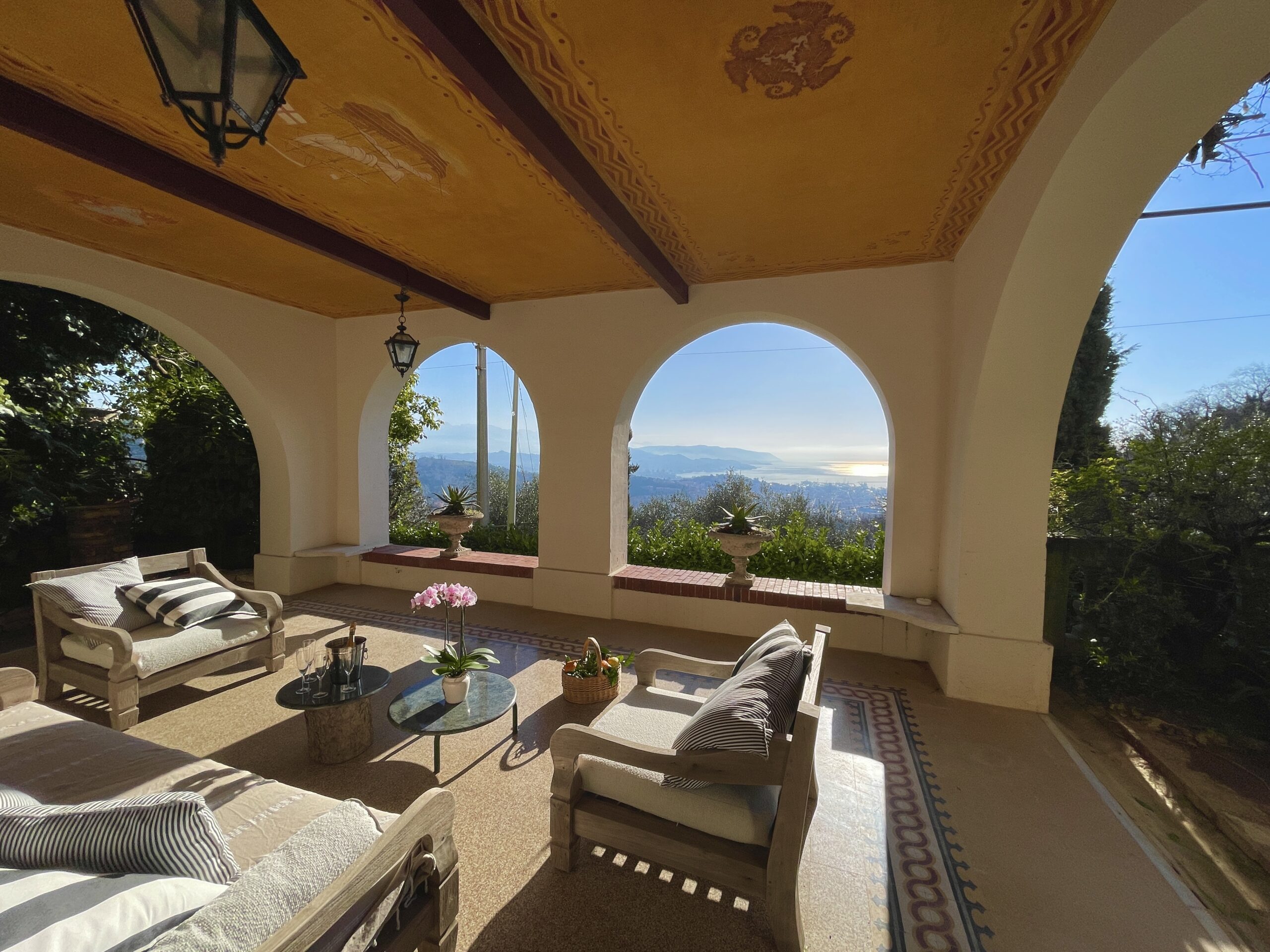 Villa terrace overlooking Ligurian Sea at sunset near Cinque Terre